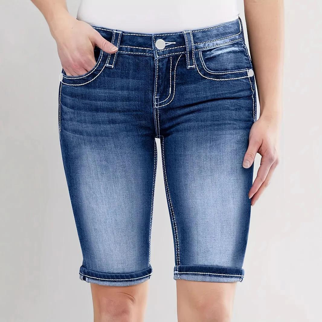 Women's Navy Slim Knee Length Simple Basic Daily Casual Trendy Shorts European American New Fashion Female Jeans Pants Clothes