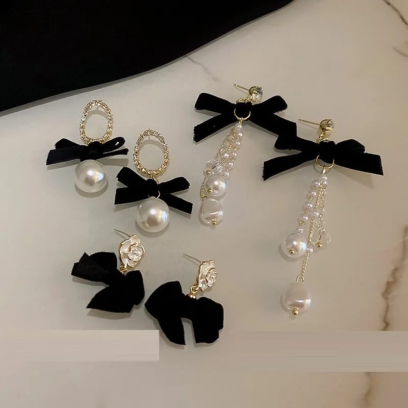 Black Bow pearl cute earrings for women 2024 luxury long hanging drop earrings