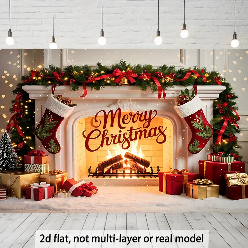 2D Flat, 1pc Self-Lit Fireplace Backdrop Banner with Garland & Stockings - 2D Flat Realistic Fireplace Design with Glowing Light
