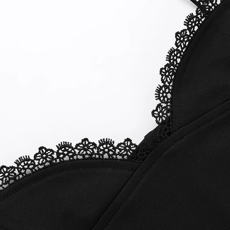 Sexy Sweet A-Line Mini Dress for Women Summer Slim Fit Black Spaghetti Strap Lace Trim Sleeveless Cami Dress