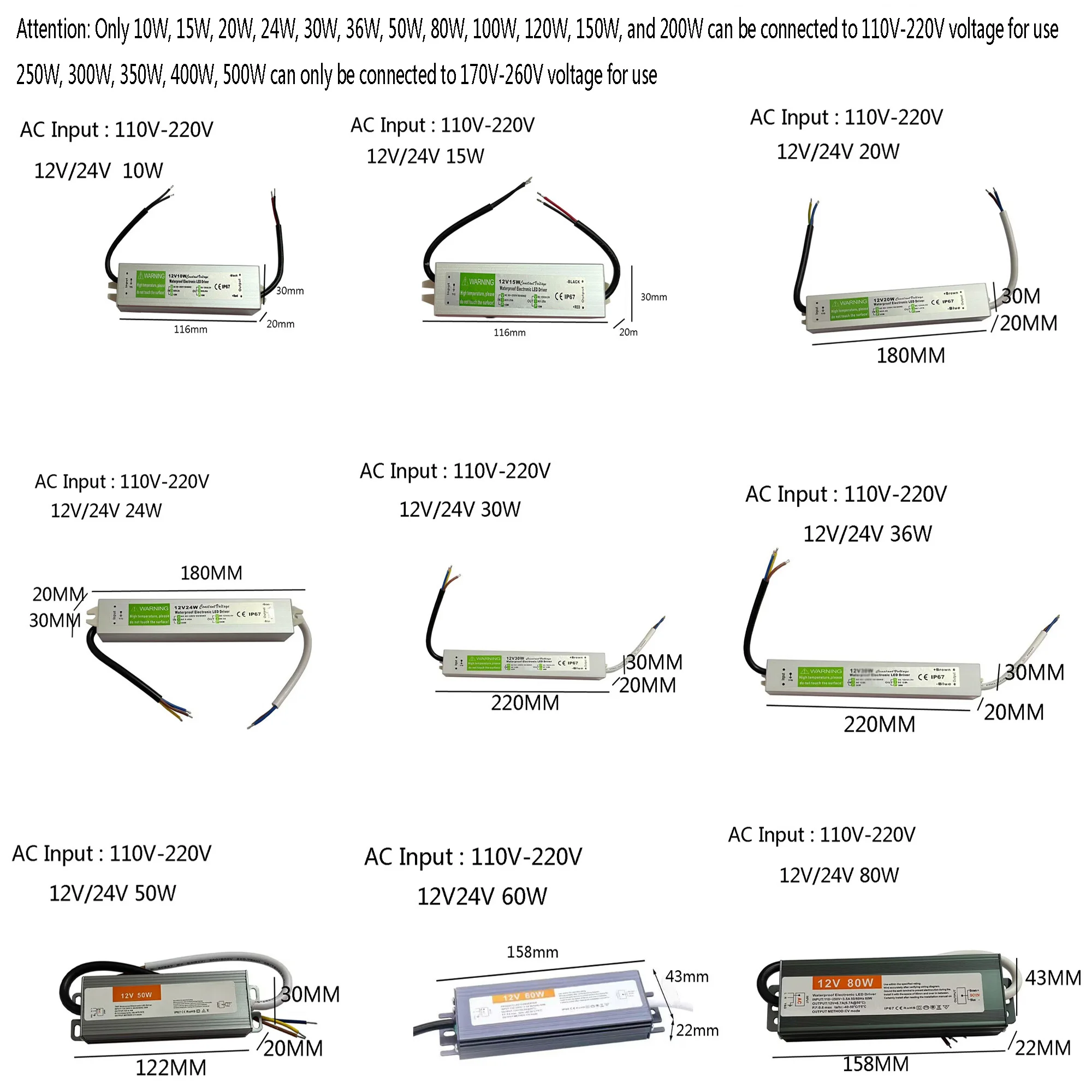 Switching Power Supply AC 110V-265V to DC 12V 24V 36W 50W 60W 100W  200W 400W 500W Outdoor LED Light Transformer IP67 Waterproof