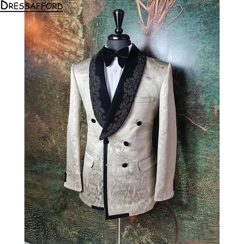 Champagne Jacquard Groom Wear Appliques Lace Formal Men Suits 2 Piece Jacket And Pants Sets Smart Casual Business Blazer