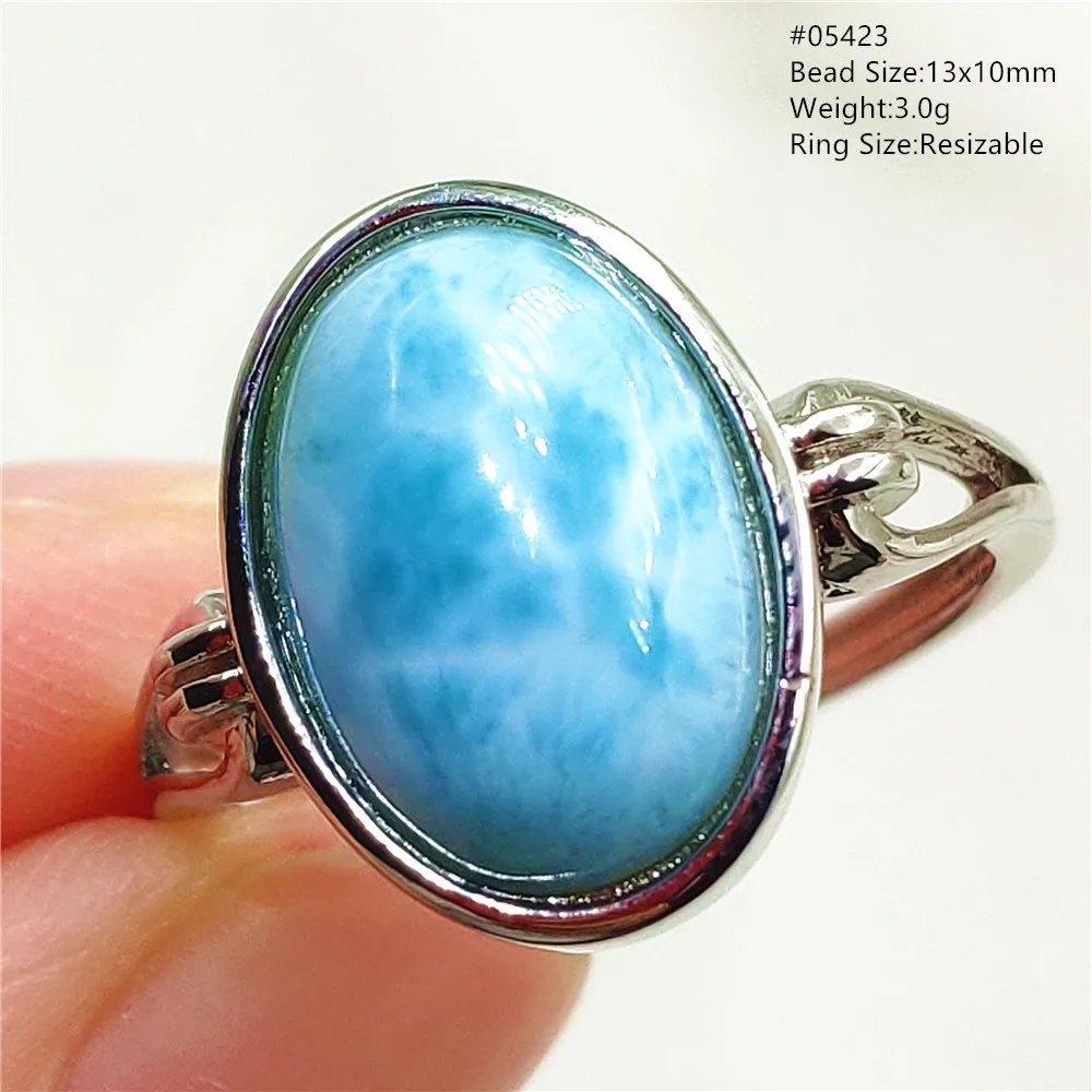 Natural Blue Larimar Oval Adjustable Ring Jewelry Water Pattern Real Larimar For Women Men Healing Fashion Stone AAAAAA