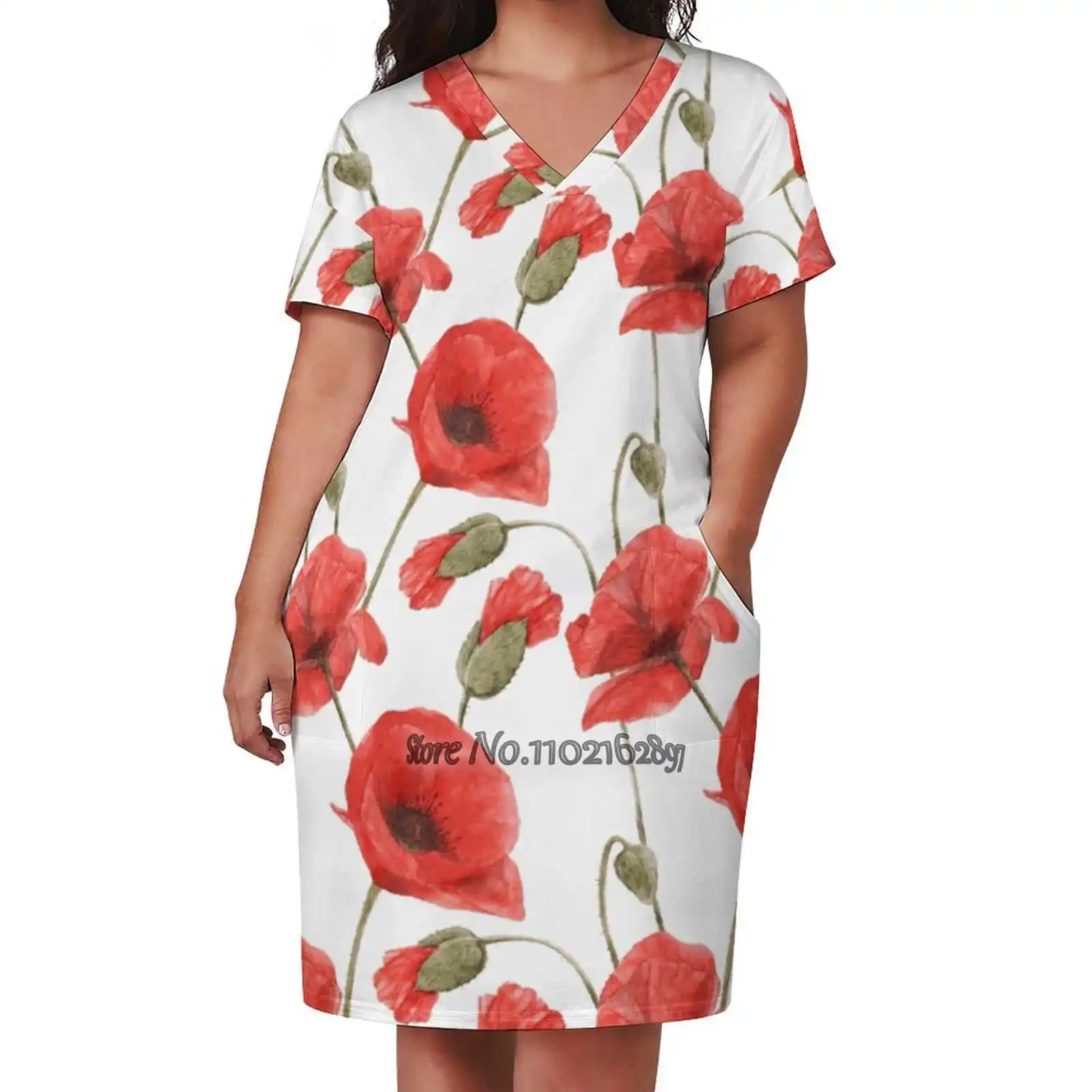 Red Poppy Flowers Seamless Pattern By Watercolor #1 Design Print Dress Short Sleeve V-Neck Fashion Skirt Thin Short Sleeve