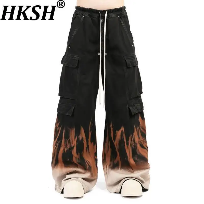HKSH Spring Summer New Darkwear Handsome Gradient Flame Chic Ins Wide-Leg Flare Print Floor-Length Drawstring Cargo Pants HK7381
