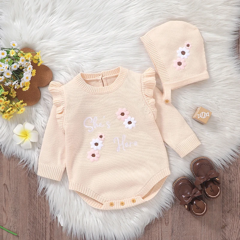 

2PCS Infant Kids Girls Bodysuits Hats Clothes Sets Fashion Pink Floral Embroideried Newborn Onesie Outfits 0-18m Toddler Costume