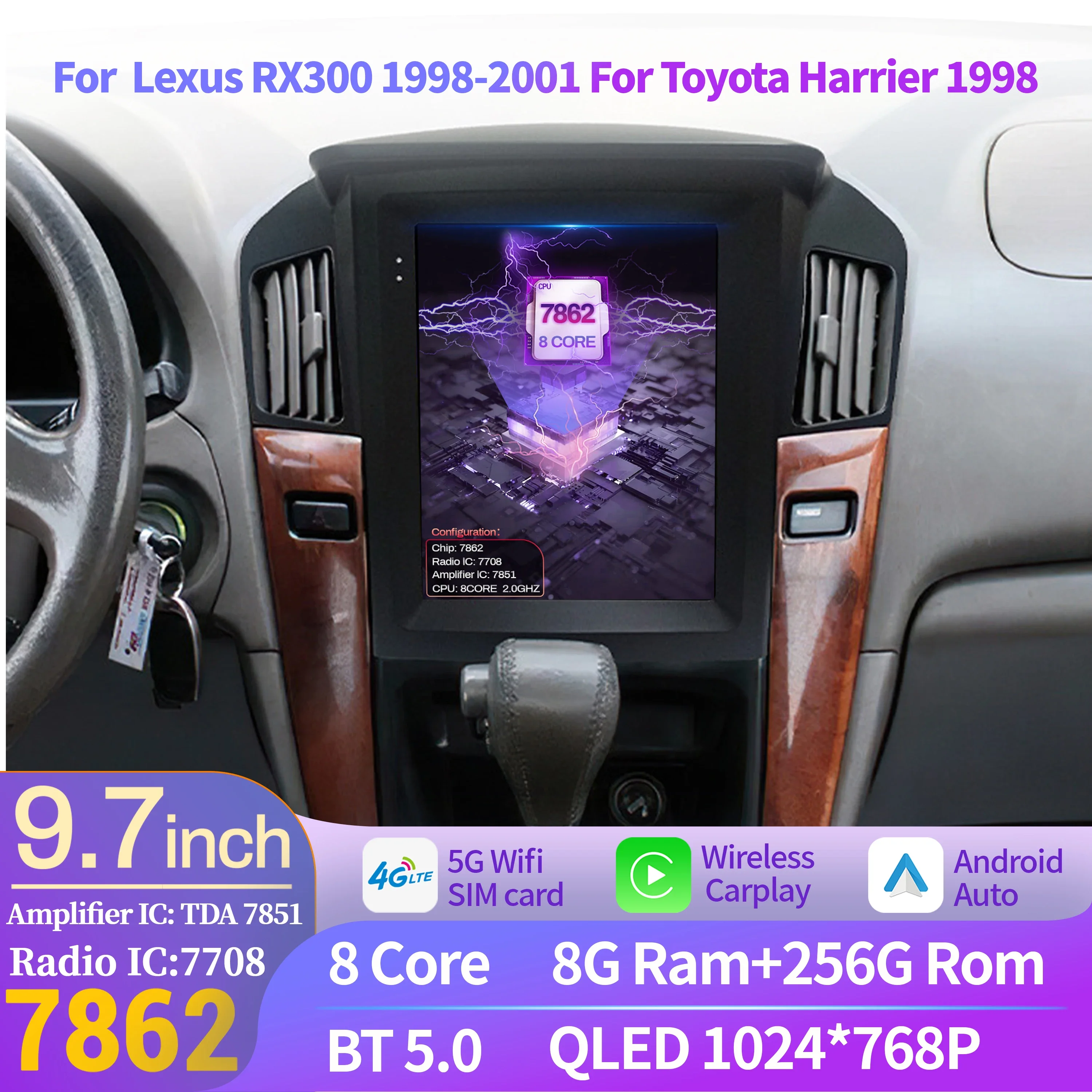 

9.7″ For Lexus RX300 1998-2001 For Toyota Harrier 1998 Car Radio Multimedia Video Player Navigation Android 14 QLED screen