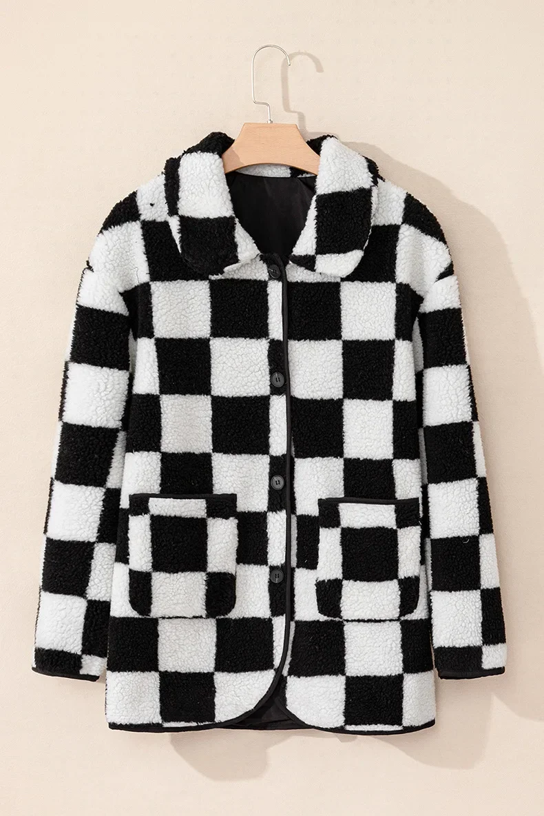

New Color Blocking Patchwork Jacket for Women Fashionable Warm Plaid Plush Long Sleeved Jacket for Women