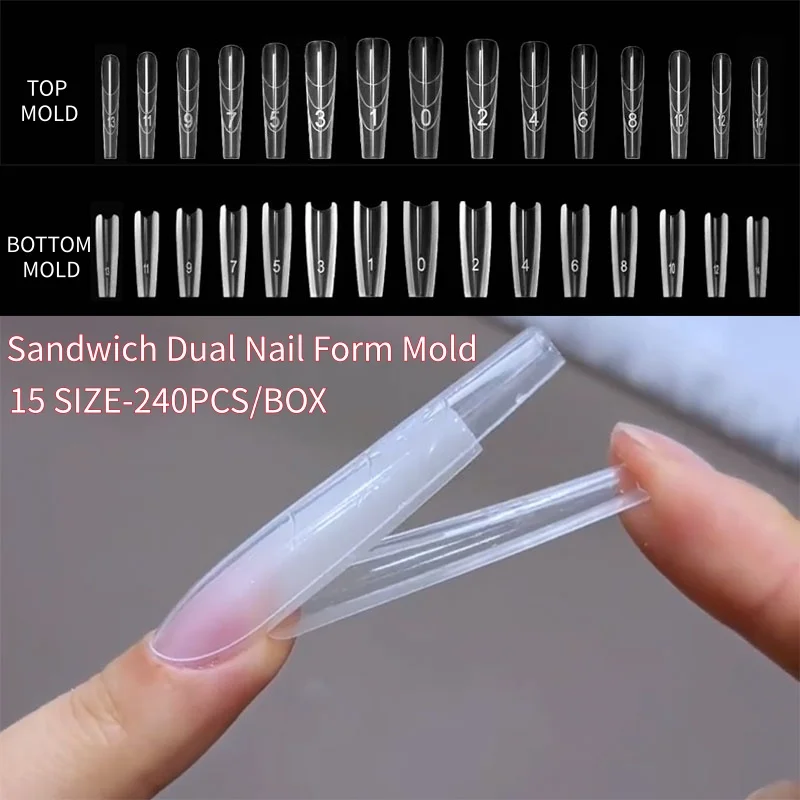 

240PCS Sandwich Dual Nail Form Mold 15 Size Reusable Top Bottom Forms For Nail Art Extension No Need Build Manicure Tool