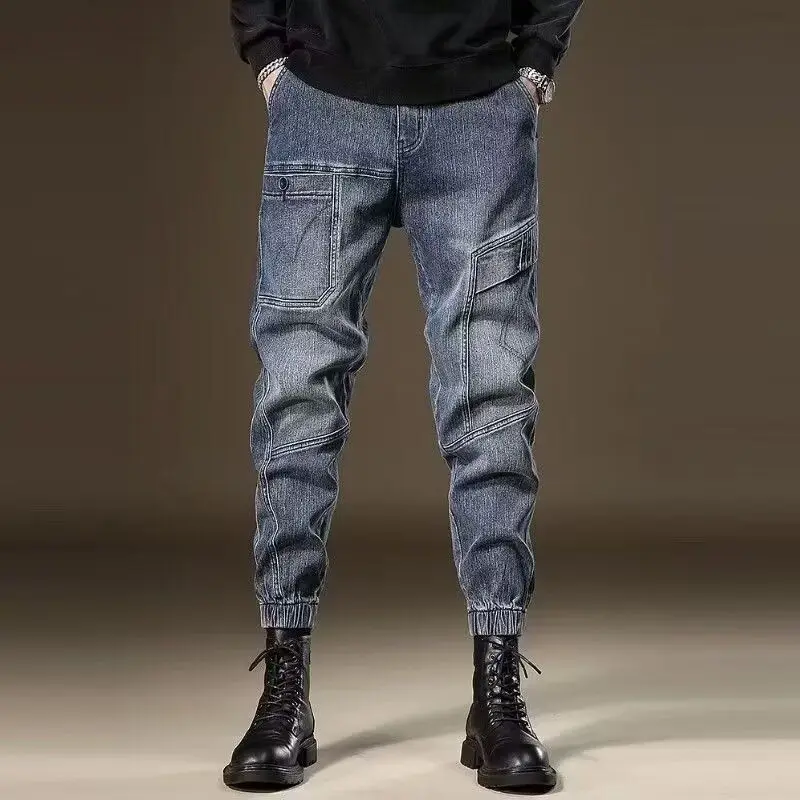 

Trendy Men's Workwear Jeans Spring Autumn Loose Patchwork Casual Ankle-Length Pants Harlan Style Slim Fit Youth Popular