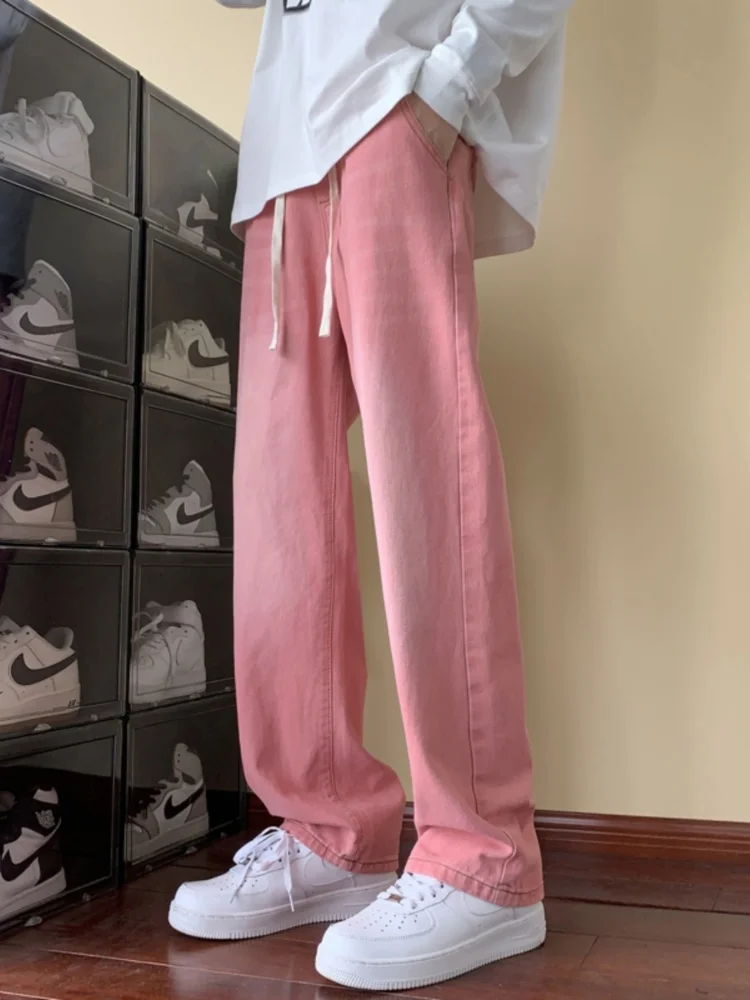 

Pink Denim Jeans Men's Spring Autumn Loose Straight Tube Trendy Brand Casual Wear Resistant Cotton Polyester Blend