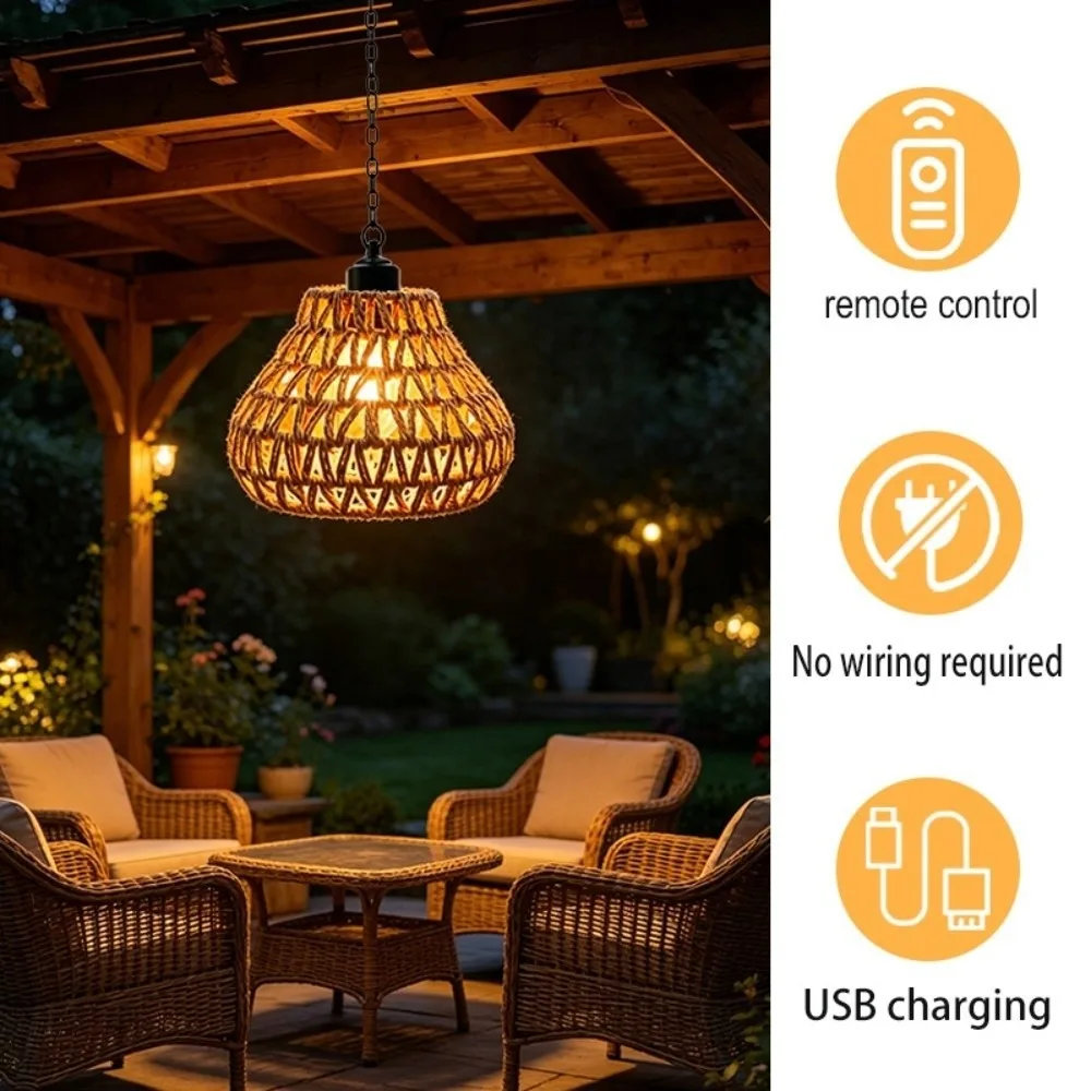 Long Iron Chain Rattan Hanging Lights Rope Woven Shade Pation Decor Rechargeable Pendant Light Hand Craft Chandelier Fixture