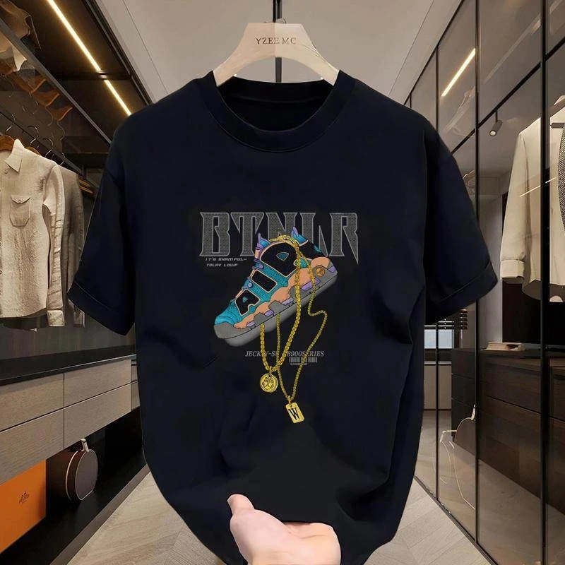 

American Shoes Pippen Print Heavy Short Sleeve T-shirt Men's and Women's Round Neck Summer Cotton