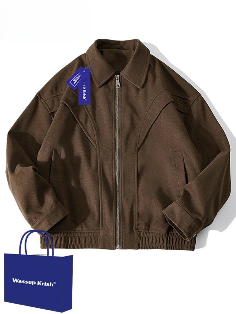 

Wassup Kri Men's Brown Woolen Jaet Retro American Motorcycle Sle Turn-down Collar Workwear Coat Loose Fit Four Seasons