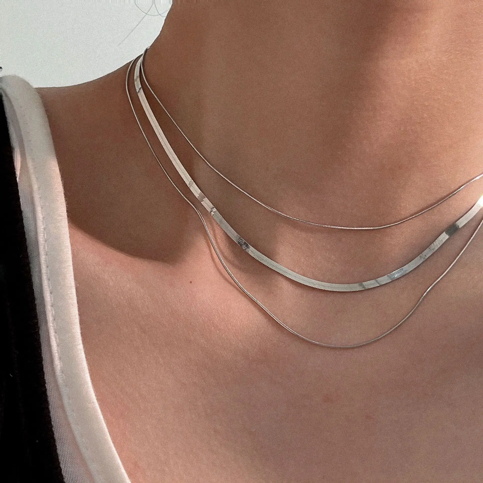 Classic Simple 304 Stainless Steel Snake Bone Chain Necklace Fashion Silver 18K Gold Color Flat Necklace For Women Jewelry Gift