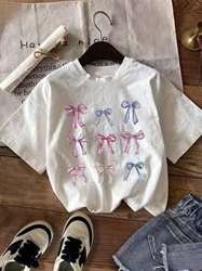 Bow print t-shirt, short sleeve crew neck casual top for summer & spring, women's clothing