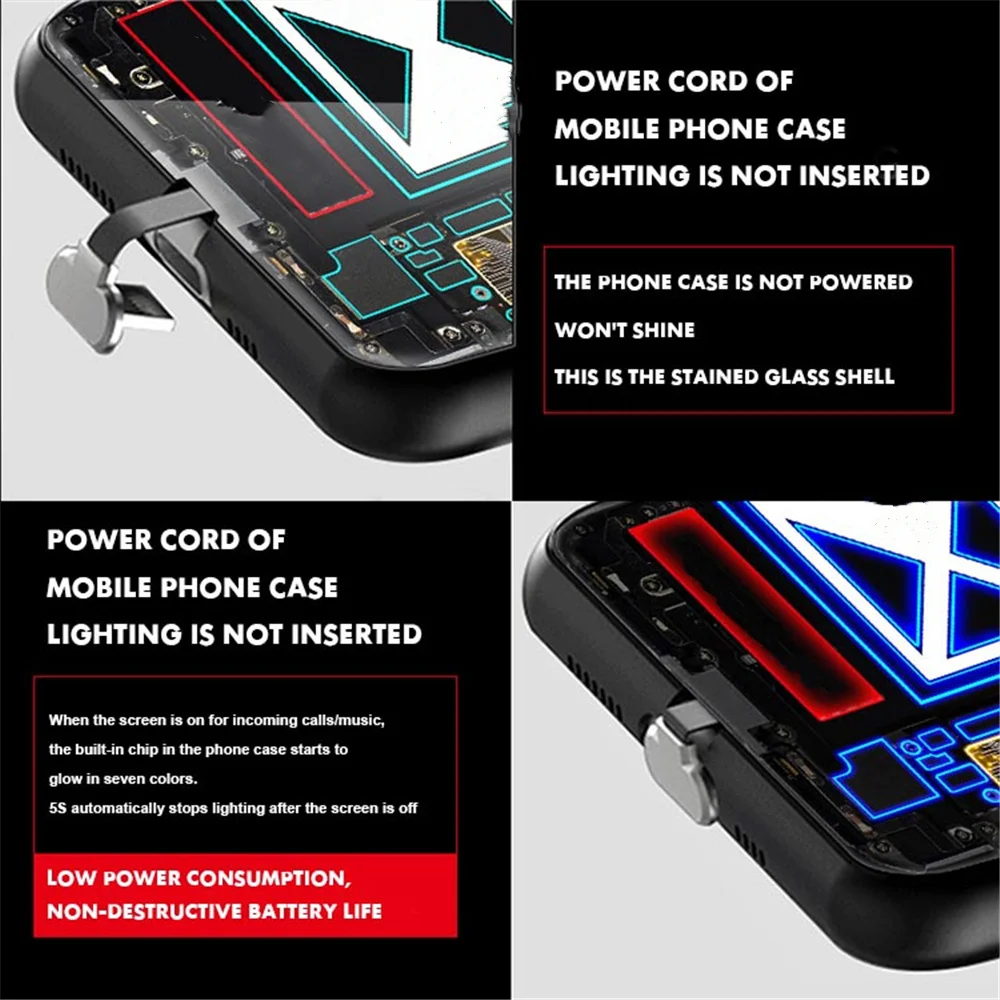 For Punk LED Light Up Tempered Glass Mobile Phone Case For iPhone 14 13 12 11 Pro Max X 8 7 6 SE Soft Frame Anti-fall Back Cover