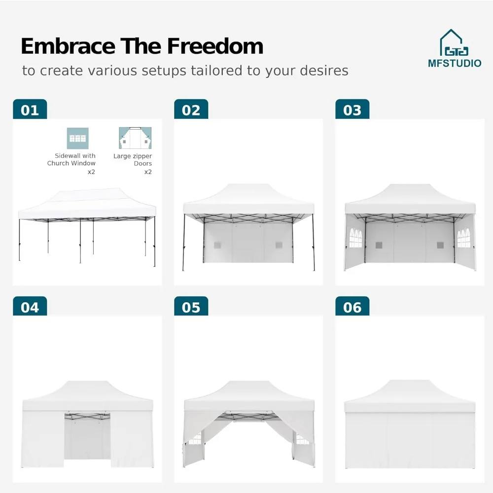 Barraca de dossel pop up 10x15, barraca de festa resistente comercial ao ar livre com 4 paredes laterais, barraca de dossel impermeável de fácil configuração para par