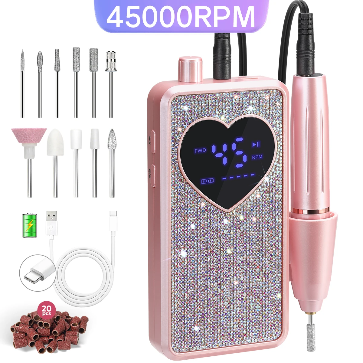 DianaBeauty Lime à ongles électrique rechargeable 45000 tr/min, lime à ongles portable avec écran LCD pour ongles en acrylique et gel, salon et usage domestique