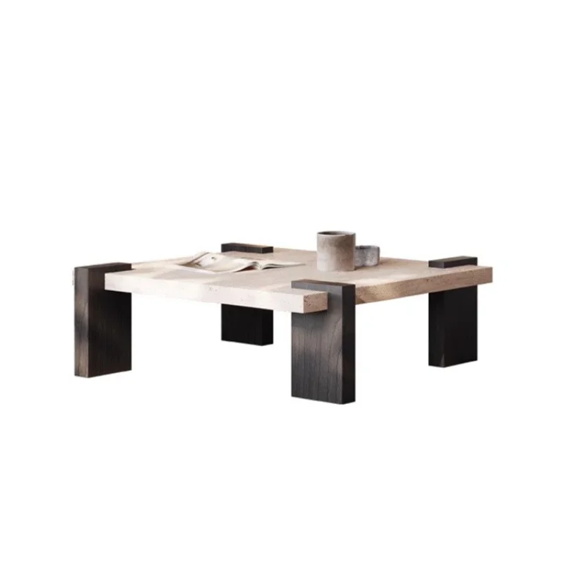 

Natural beige travertine coffee table Nordic wabi style simple living room home high-end marble solid wood coffee table