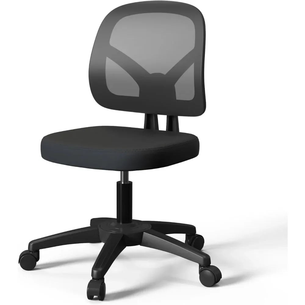 Silla de oficina de malla sin brazos, silla de escritorio pequeña, ergonómica, giratoria, sin brazos, negra, con ruedas