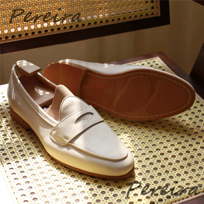 Summer New Men's Beige Soft Soled Loafers British Style Handmade Cowhide Pointed Toe Business Dress Shoes for Party Wedding