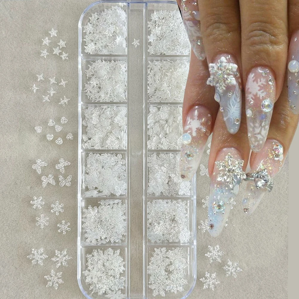 12 Grid Shimmer Snowflake Star Heart Nail Sequin Fine Glitter Flakes Multi Sizes Winter Christmas Nail Art Charms Thin Paillette