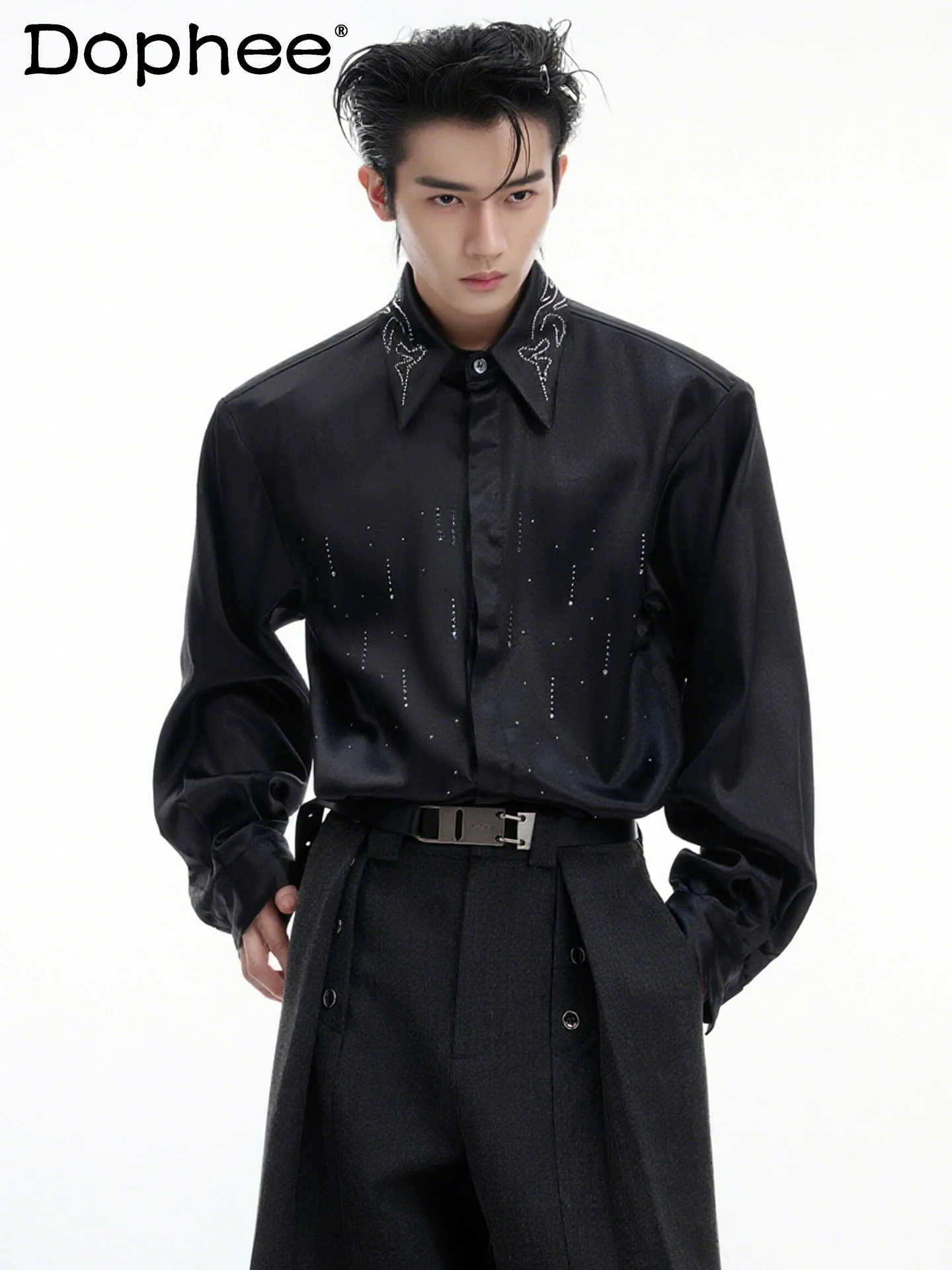 

2025 Autumn New High-end Satin Heavy-duty Rhinestone Long Sleeve Shirt Loose Handsome Draped Casual Men's Shirt
