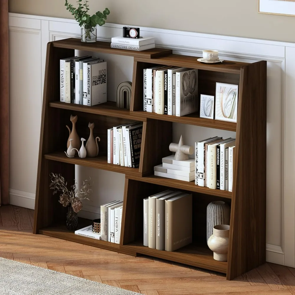 Living Room Bookcase, Wooden Extendable Shelf, 3-Tier Ladder Low Short Bookshelf for Small Space or Corner, Dark Walnut, Small