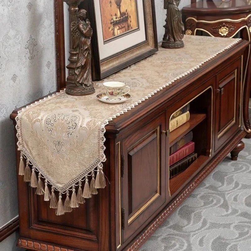 European Court Table Runner with Tassels Exquisite Long Pointed Tablecloth for Living Room Banquet Wedding Party Dining Decor