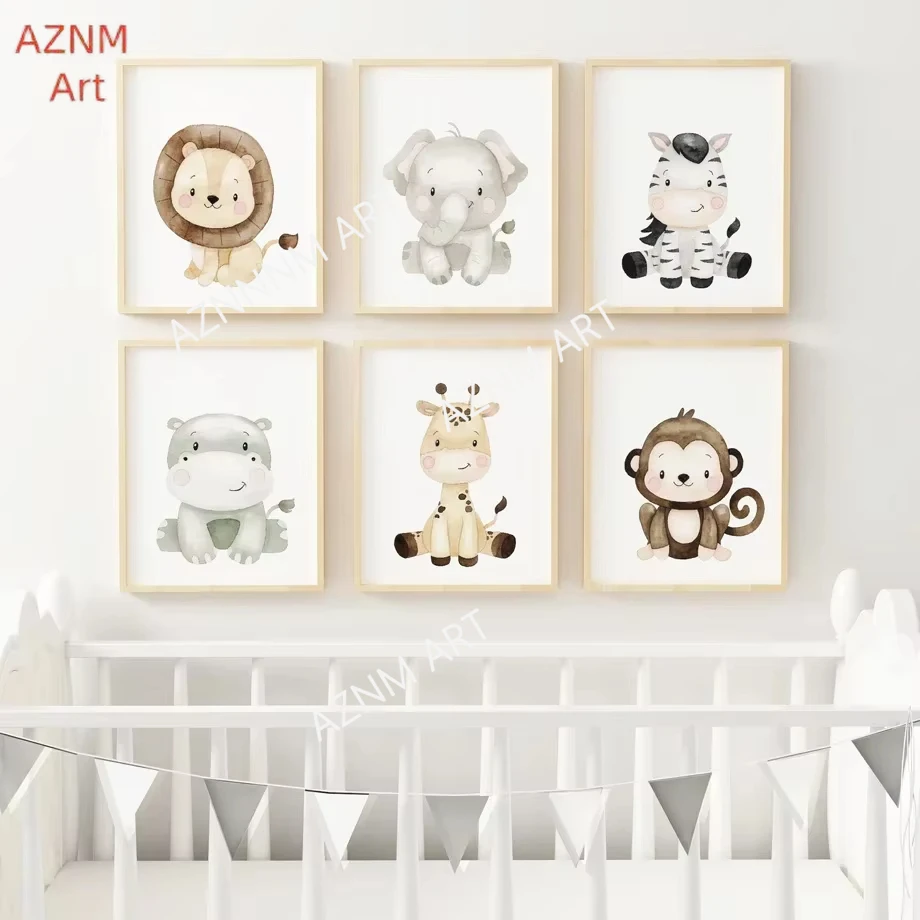 1/6 stücke Giraffe Zebra Nilpferd Affe Löwe Elefant Kindergarten Wand Kunstdruck Leinwand Malerei Nordic Poster Wand Bild wohnkultur
