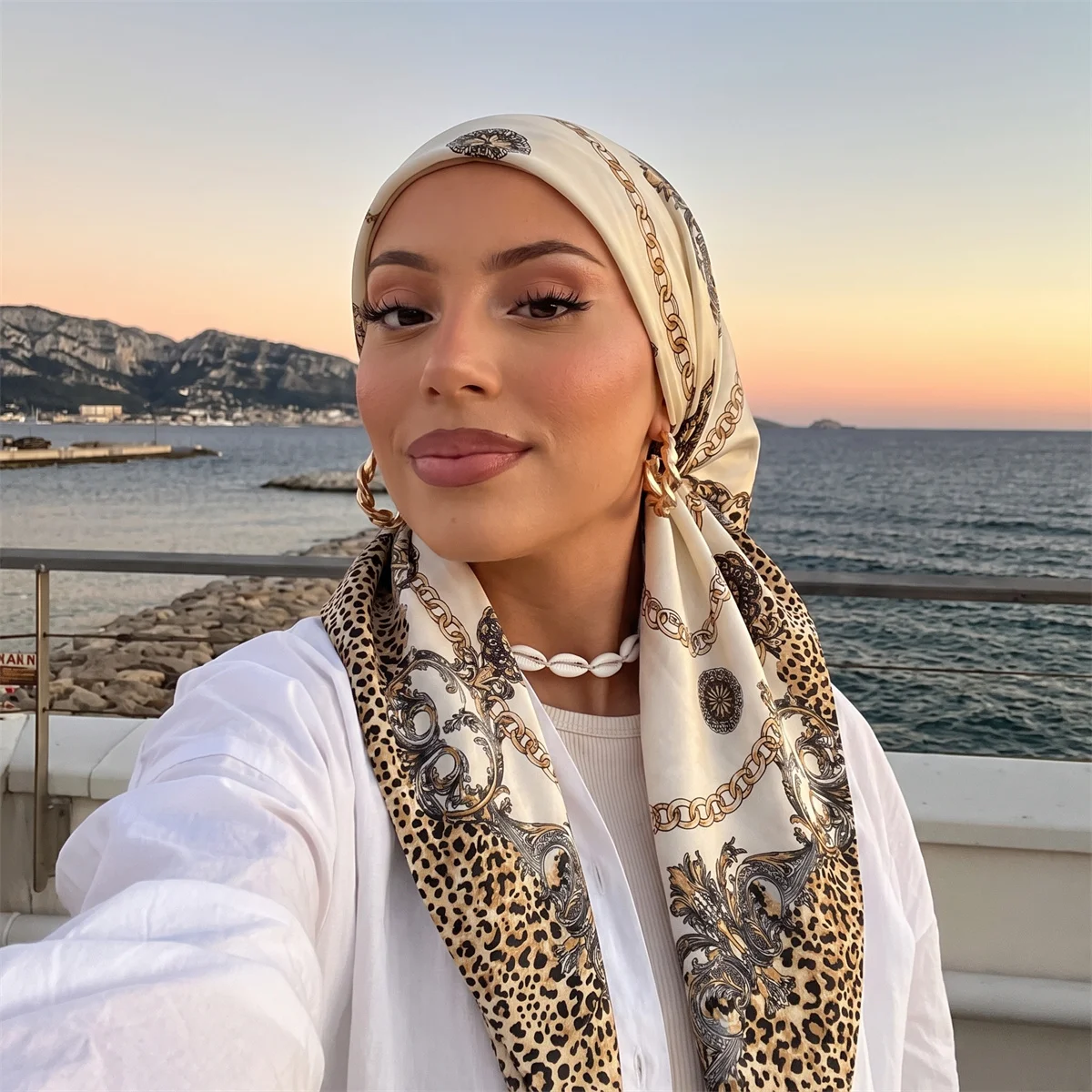 Instant Hijab with Elastic Band Women Satin Print Turban Scarf Ready To Wear Pre-Tied Headscarf for Daily and Travel Beach Wear