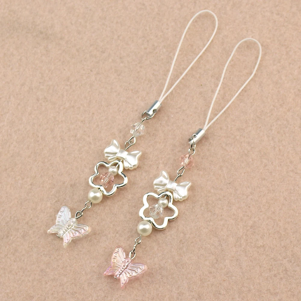 Handmade Butterfly Matching Phone Charm Strap Pink White Pearl Star Bow Beads Keychain Lanyard Y2K Anti-Loss Pendant Girls Gifts