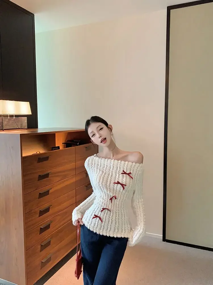 Deeptown 여성용 활 니트 풀오버, 오프숄더, 섹시한 긴팔 스웨터, 한국 스타일, 카와이, 가을, 겨울
