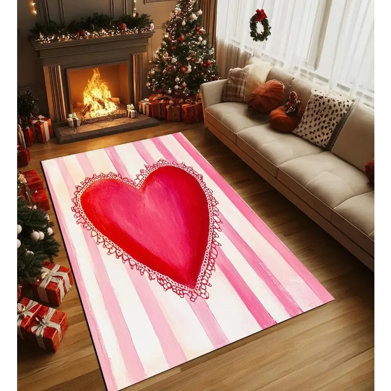 

Lace Striped Heart Carpet Valentine's Day Atmosphere Rug Living Room Bedroom Decoration Door Mat Valentine's Day Gift