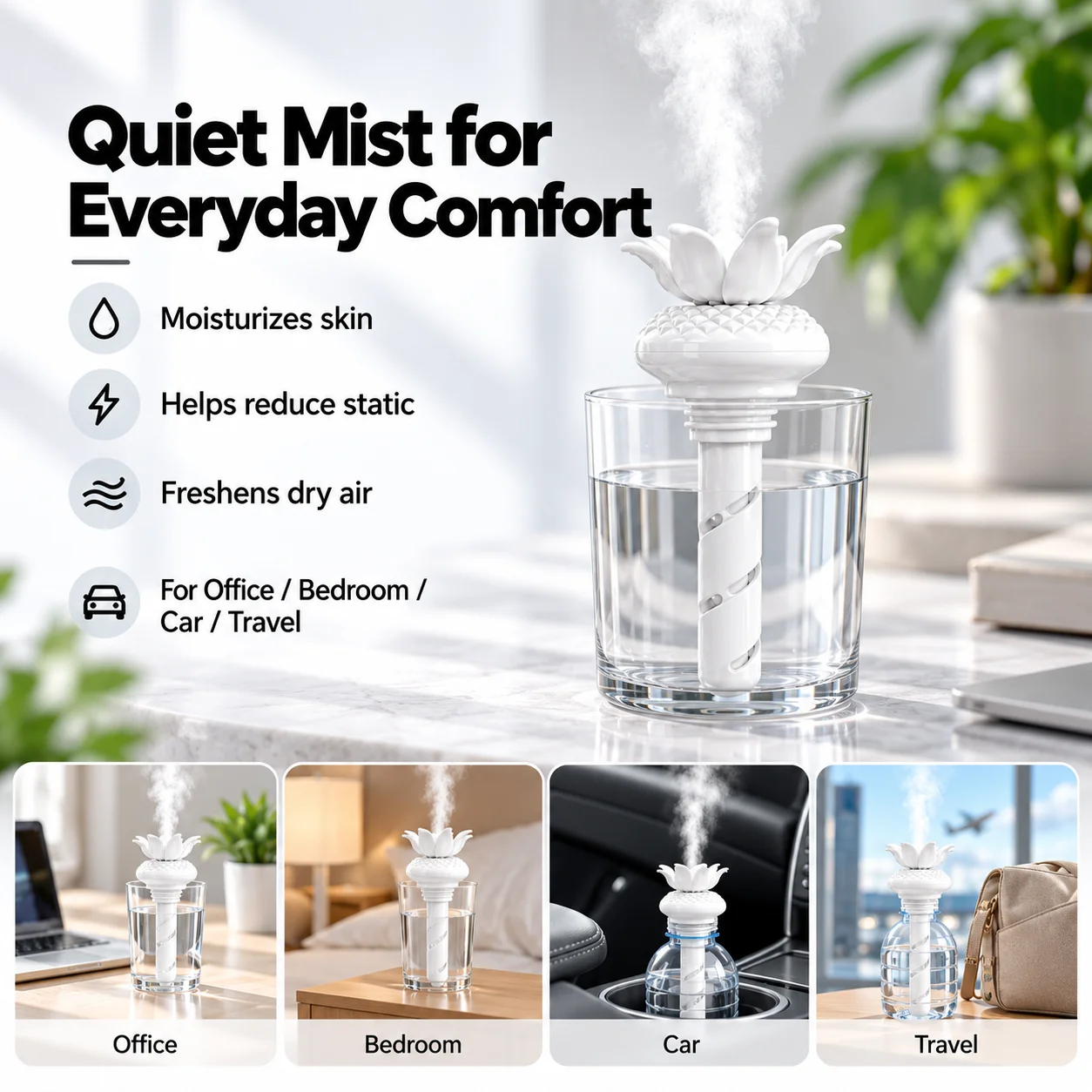 For Home Office TravelQuiet USB Air Humidifier Aromatherapy Diffuser Portable Spray Cool Mist Purifier without Water Container