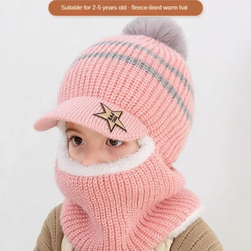 Winter Kids Plus Fleece Cap Hats Thick Warm Knitted Balaclava Cap for Child Outdoor Girls Boys Face Cover Hairball Bib Mask