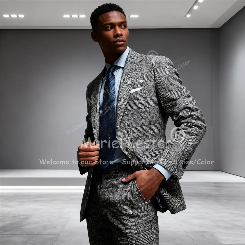 

Серые клетчатые костюмы для мужчин, однобортные пиджаки для выпускного вечера, комплекты из 2 предметов в британском стиле, смокинги для жениха с узором «гусиные лапки»