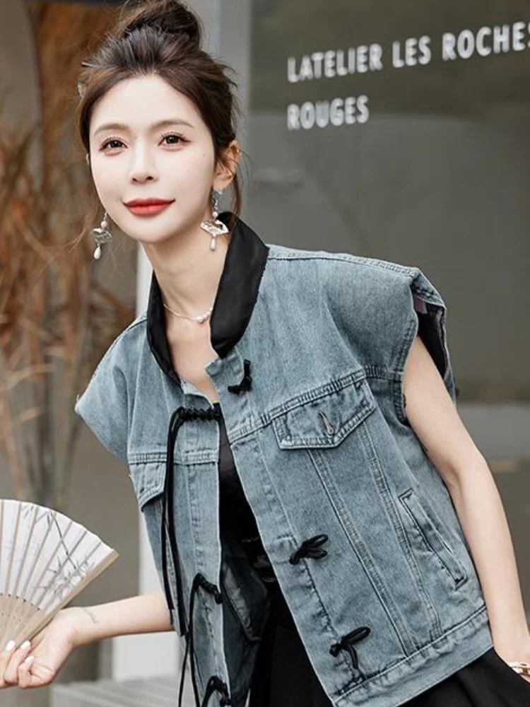 

Early Spring Autumn New Chinese Sle Women's Denim Vest Jaet ort Outerwear Top Summer 2025 Small Size Faion