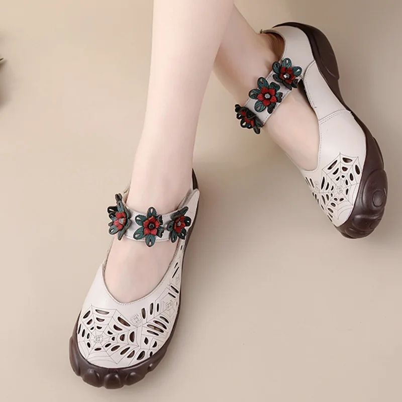 GKTINOO Summer Slippers Women Genuine Leather Mules Round Toe Flowers Outdoor Casual Slides Ladies Flat Shoes Handmade