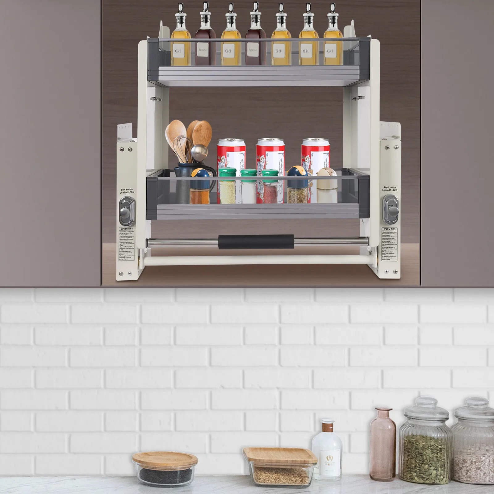 2-Tier Upper Cabinet Pull-Down Rack Labor-saving Storage Rack Minimalist Appearance Cabinet Organizer With Raised Guardrails