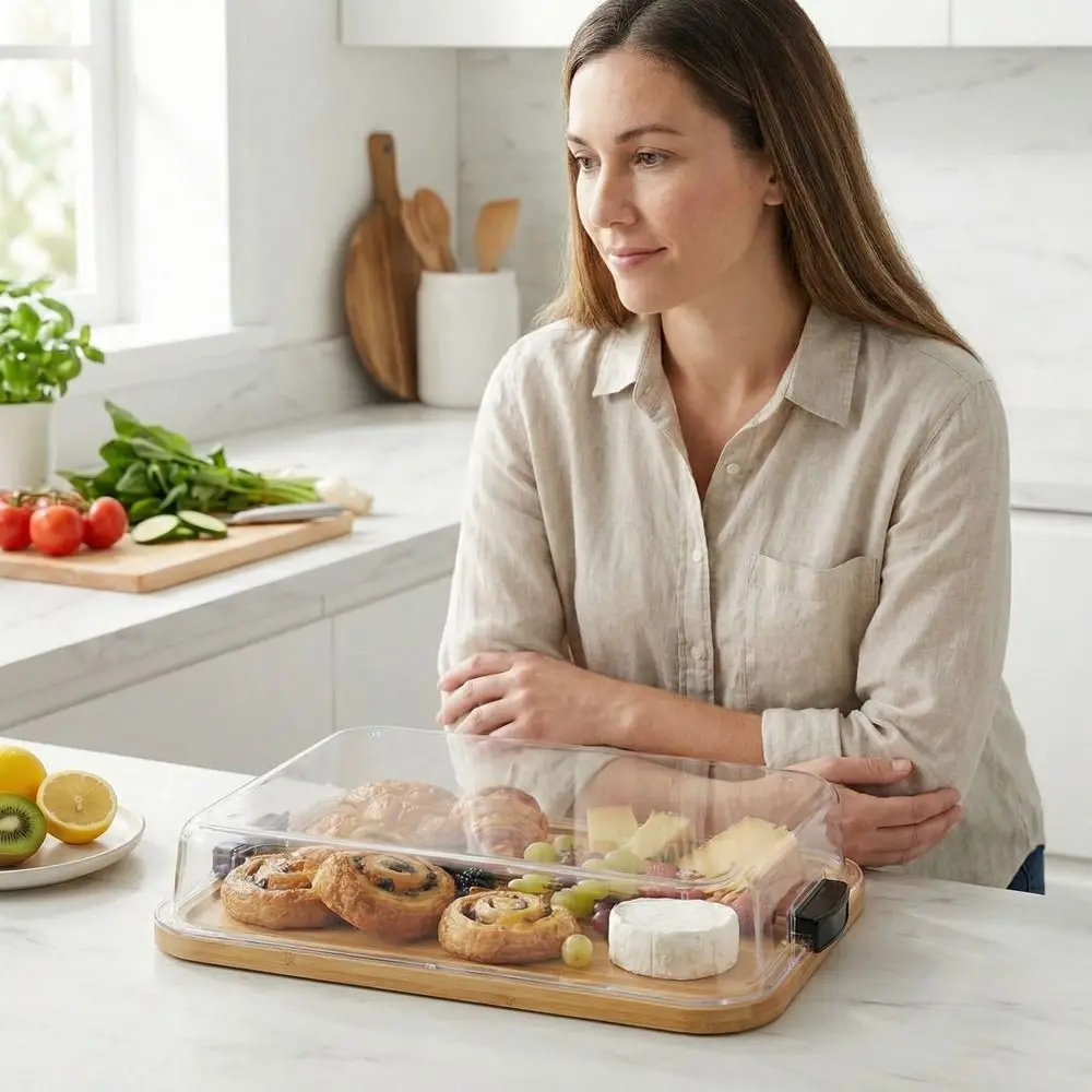 

Бамбуковая доска-поднос для закусок с прозрачной акриловой крышкой, квадратный поднос для сыра, прочные сервировочные подносы для закусок для ресторанов