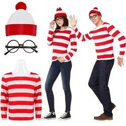 Wheres Waldo koszula w paski dzieci chłopcy Wally kostium koszula okulary czapka skarpetki Unisex dla dorosłych dzieci kostium Cosplay na Halloween boże narodzenie