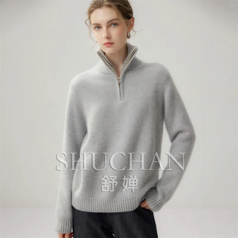 Soft Waxy 430g Women's Half Zipper Collar Loose Simple Fashion Style Cuff Split Knitted Sweater New Bottoming pullover