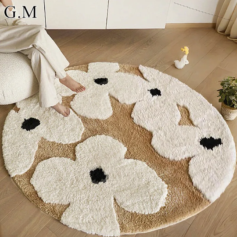 

Nordic Flowers Flocked Round Rugs Living Room Fluffy Area Rug Bedroom Bedside Anti-Slip Carpet Tufted Soft Floor Mat Home Decor