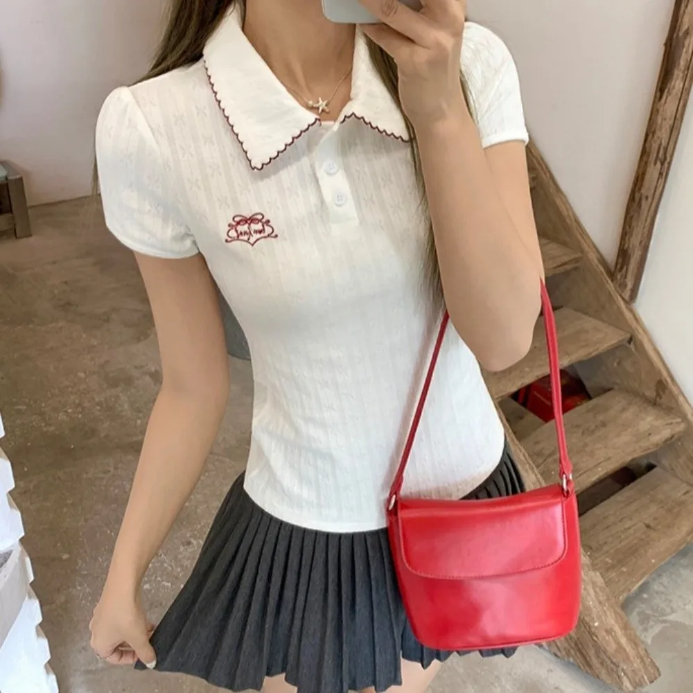 الحلو التطريز الكورية بولو تي شيرت الشارع الشهير الأبيض بولو تريكو قمم الدبابات القصيرة Y2K المحاصيل الأعلى الفتيات