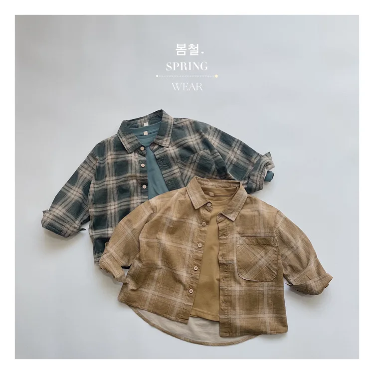 Japanese Korean Retro Childrens Boys Checkered Shirt Spring Autumn New Fine Striped Versatile Baby Boys Top Kids Boys Shirts