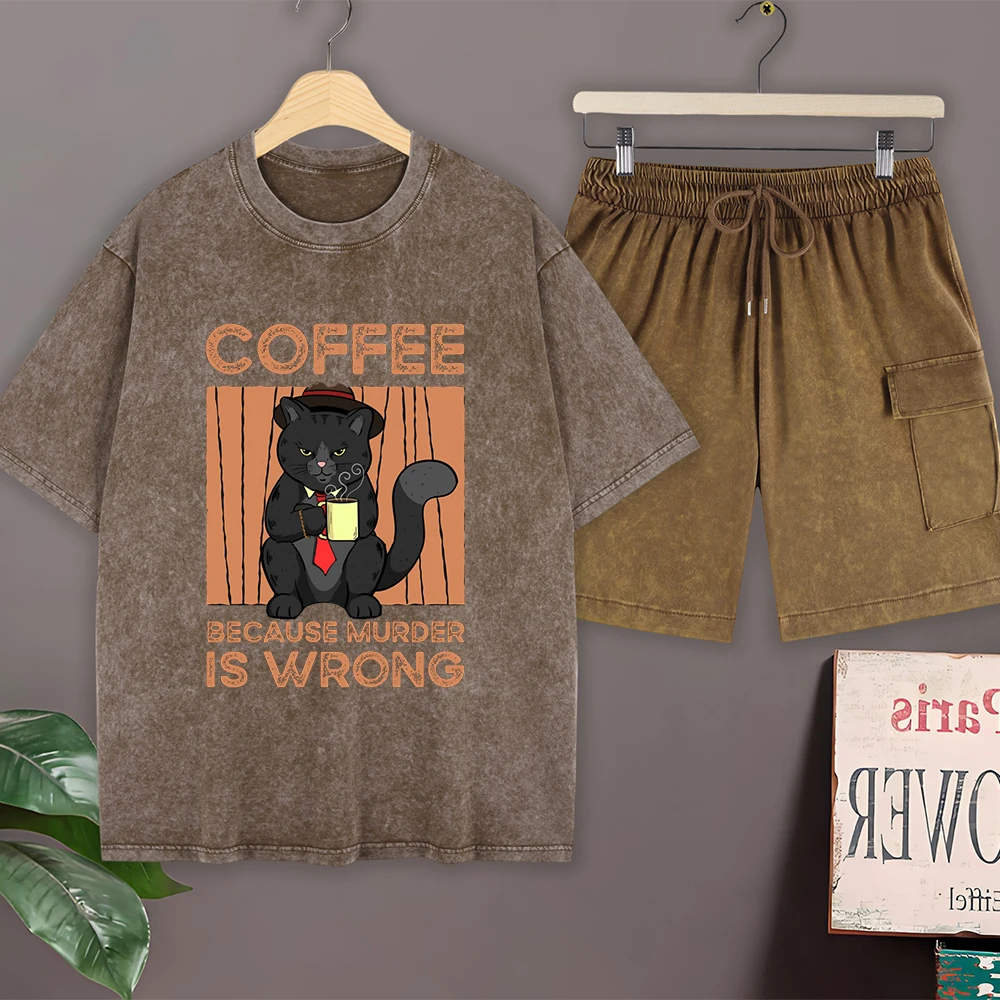 

Cat Wearing A Tie Likes Coffee Cotton Washed T-Shirts Set Mens Casual Oversized Tops Cargo Shorts O-Neck T Shirt Summer Clothes