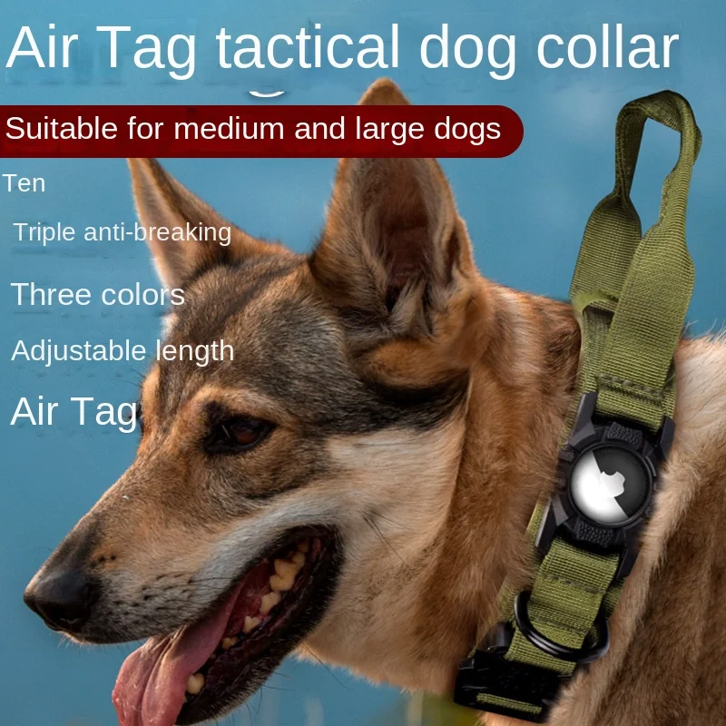 AirTag Tactical Dog Collar, with AirTag Holder and Handle Military Dog Metal Buckle Adjustable GPS Collar for Medium Large Dogs