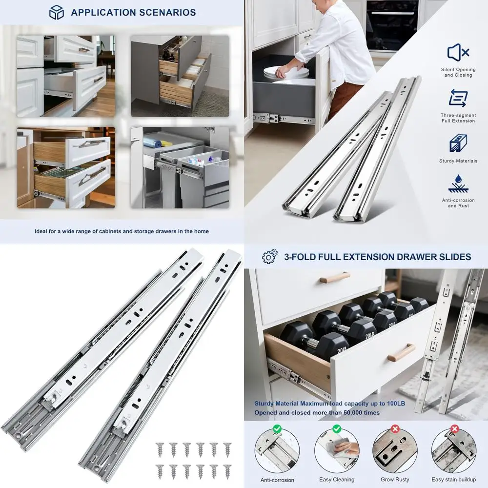 

24 Inch Full Extension Ball Bearing Drawer Slides, Side Mount Heavy Duty Glides for Cabinets